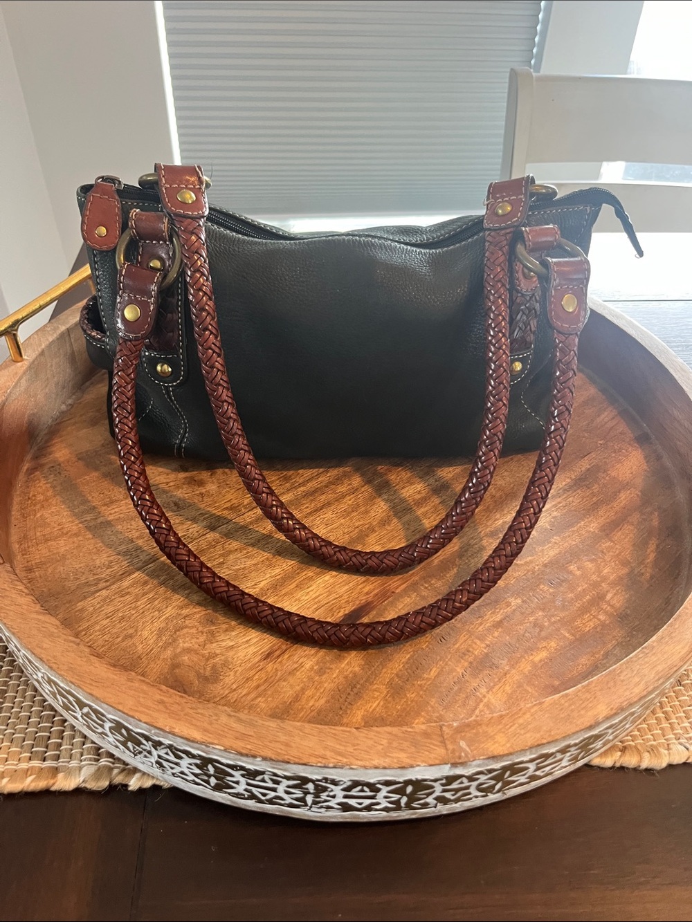 Fossil Black Leather Shoulder Bag with Braided Brown Straps